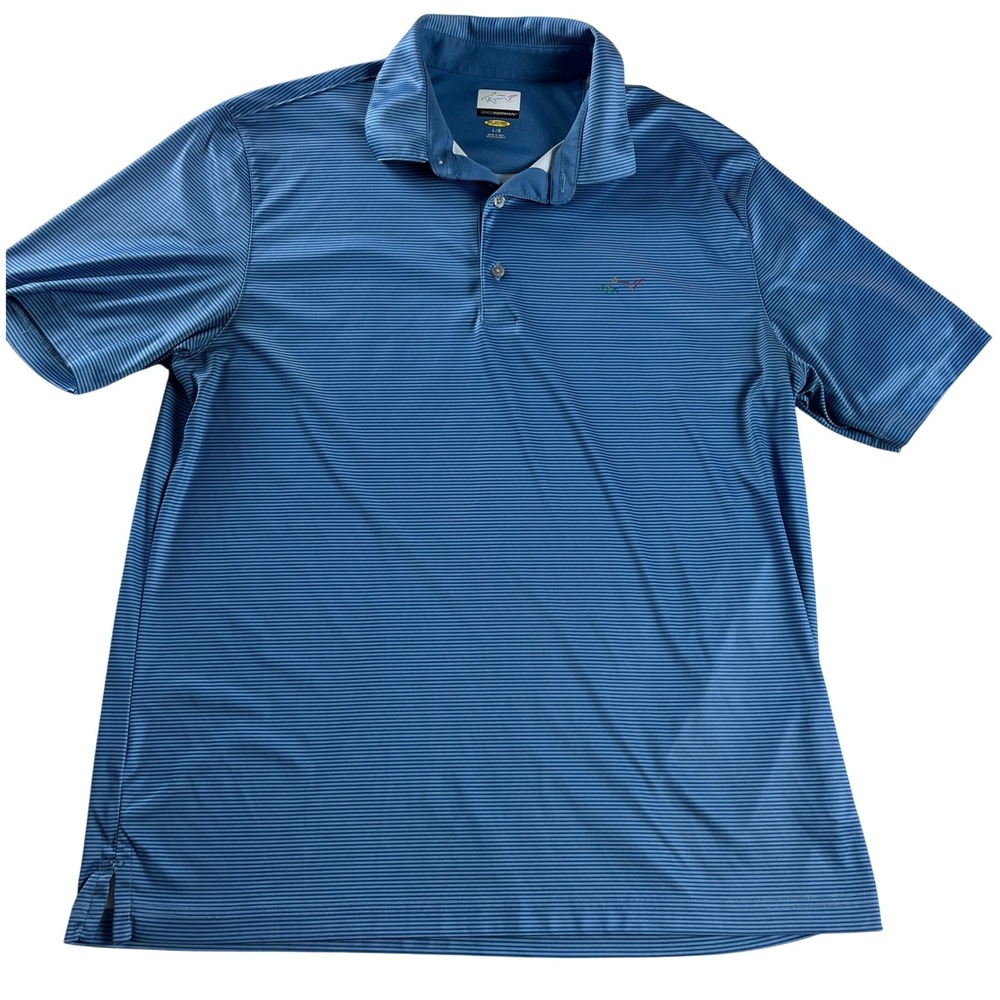 Greg Norman Play Dry Shark Logo Polo Shirt Large Blue Micro Stripe Golf